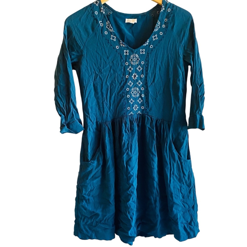 Garnet Hill Green Embroidered Western Boho V Neck Packets Dress 4